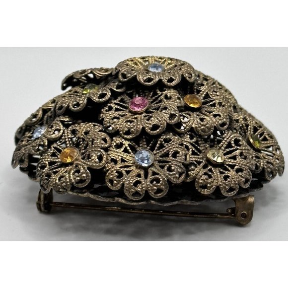 Vintage Czech Brass and Rhinestone Domed Filigree Pin Brooch - Picture 8 of 10